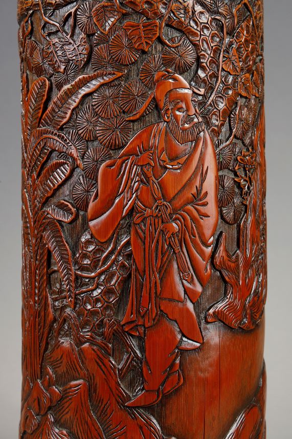 Large bamboo brushpot with carved decor | MasterArt